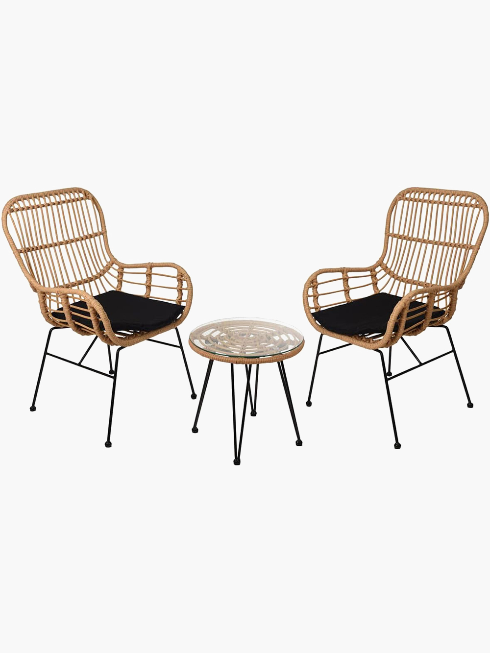 Muddy Hands 3 Piece Rattan Garden Bistro Furniture Set - 2 Cushioned Chairs & Table - Perfect fo