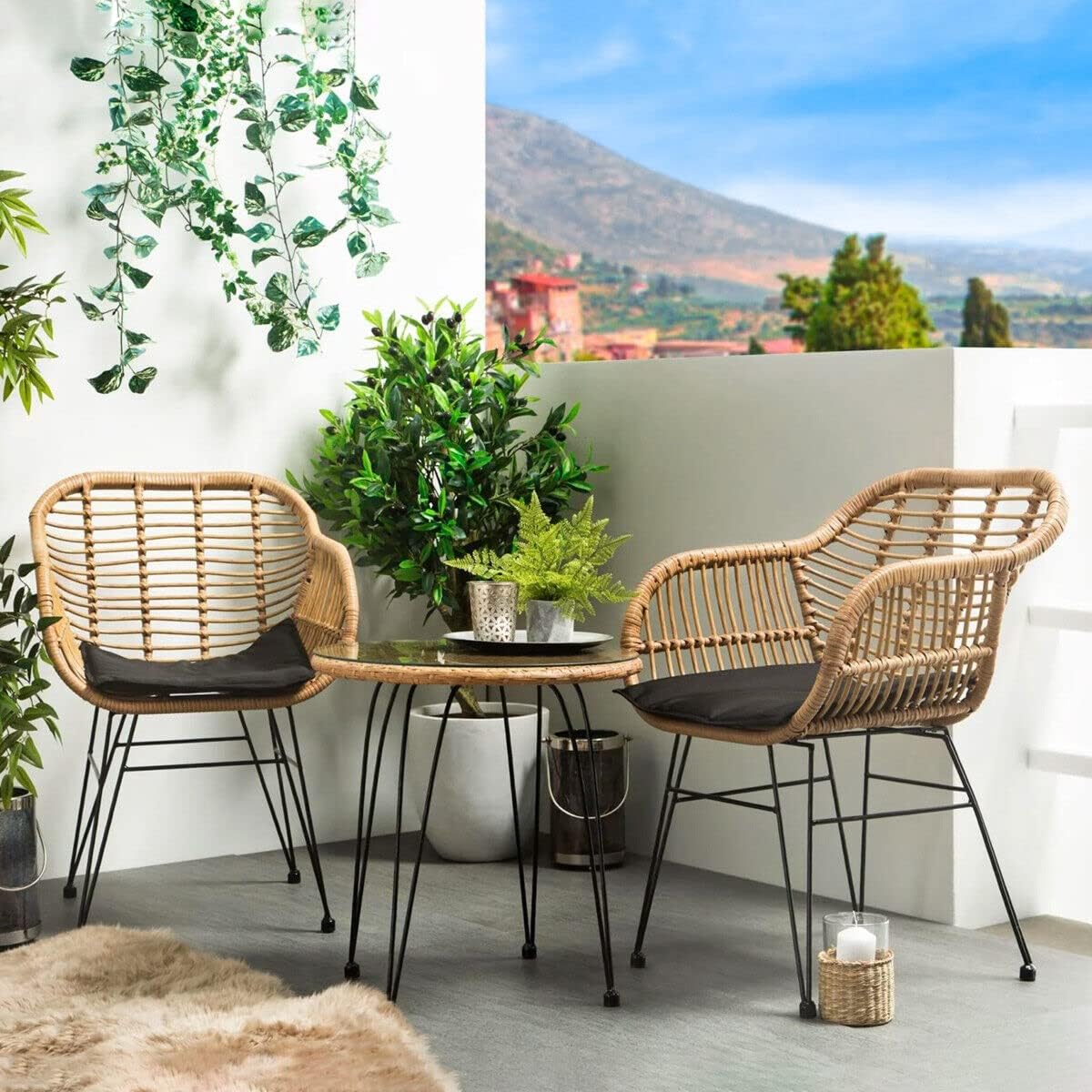 Muddy Hands 3 Piece Rattan Garden Bistro Furniture Set - 2 Cushioned Chairs & Table - Perfect fo